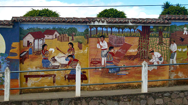 Tejedoras y otros personajes en Pintura de San Juan Comalapa