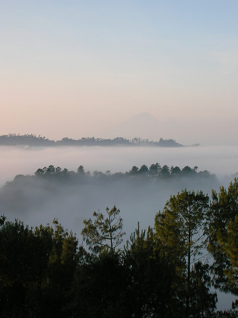 Amanecer con niebla y bruma en Santa Apolonia, Chimaltenango